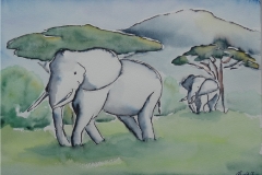 Elefantenmutter mit Kind, Aquarell und Tusche 30 x 40 cm